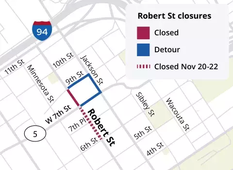 Map showing closures on Robert Street between 6th Street and 9th Street in November 2024