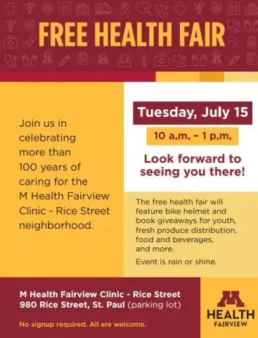 Free health fair on 7/15, 10-1pm, 980 Rice Street