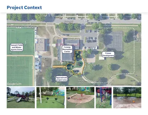 Project context - the Conway Park play area is located directly south of the community center building.