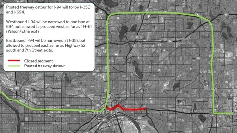 Map showing I-94 closure detour on January 16-18. Detour is 694 and 35E.