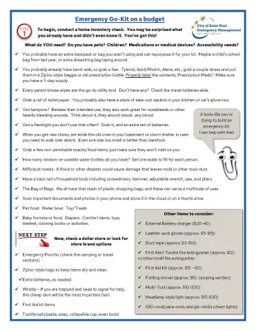 Emergency Go Kit on a Budget list.  Also loaded in a word document version