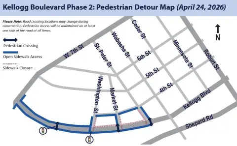 Map showing pedestrian detours for CCB Kellogg construction spring 2026. More information call 651-266-6100