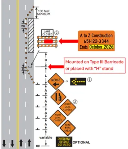 Example of construction signage placement on traffic control plan