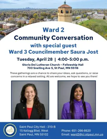 Ward 2's May Community Conversation will be on Tuesday, April 28 from 4pm-5pm at Gloria Dei Lutheran Church