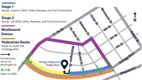 Map showing lane restrictions and road closures related to Capital City Bikeway Phase 2 starting June 1, 2026