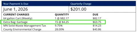 Quarter 1 Garbage Bill displaying the correct rate of $4.25 per extra bag