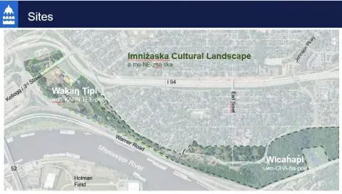 Aerial image of the project site including Wicaḣapi (formerly referred to as Indian Mounds Regional Park)  and Waḳaƞ Ṭípi (formally called Bruce Vento Nature Sanctuary) and 
