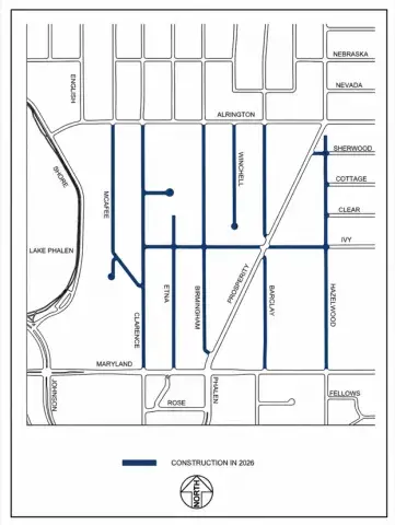 Map of the Ivy-Birmingham neighborhood showing streets scheduled for construction in 2026 highlighted in dark blue. A north arrow and legend are included.