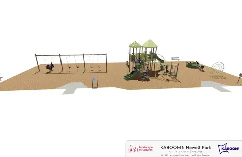 Play structure with slide, swing sets, spinners, climbing features, benches, and two ADA entries.