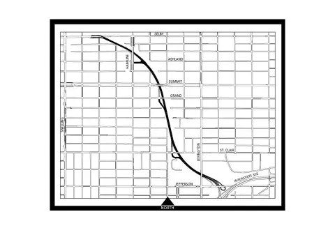 Map showing Ayd Mill Road between Interstate 35E on south end and Selby Avenue on the north end.