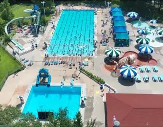 Highland Park Aquatic Center - aerial view of water park.