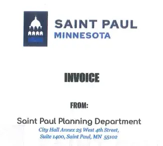 Screenshot of an invoice with the official Saint Paul logo. The logo is faded, and the text below is in a different font than is used on official city documents.