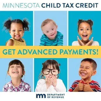 Get Advance Payments of the Minnesota Child Tax Credit featuring images of children and toddlers.