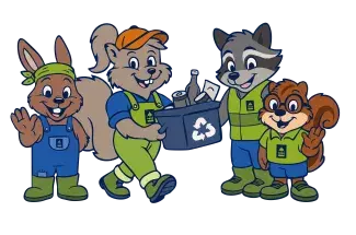 Four friendly cartoon mascots--a rabbit, squirrel, raccoon, and chipmunk--smile while carrying a bin of recycling and wearing Saint Paul branded overalls and safety vests,