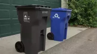 Garbage and recycling carts at curb waiting for pick up.
