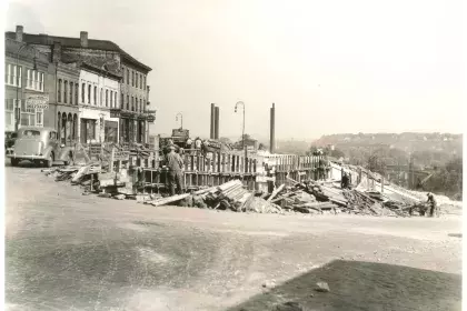 Historic photo of Kellogg Boulevard construction looking east from 7 corners