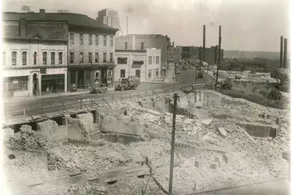 Historic photo of Kellogg Boulevard and bluff construction