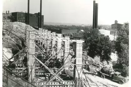 Historic photo of pier construction of Eastbound Kellogg bridge