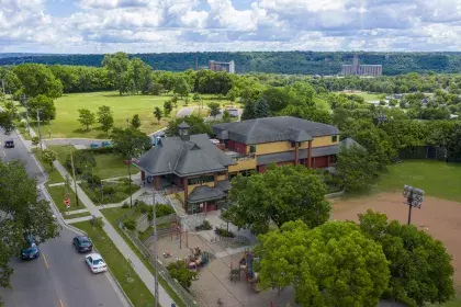 Image of Linwood Recreation Center and outdoor area taken from air