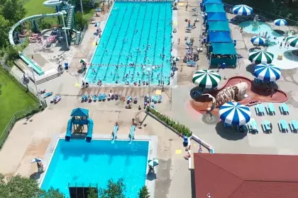 Highland Park Aquatic Center - aerial view of water park.