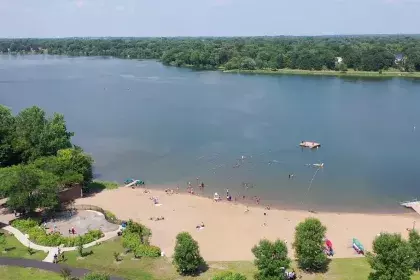 overhead view of Phalen Lake showing the beachfront and water
