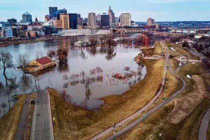 aerial photo looking north at downtown St. Paul over Wiggington Pavilion during a flood