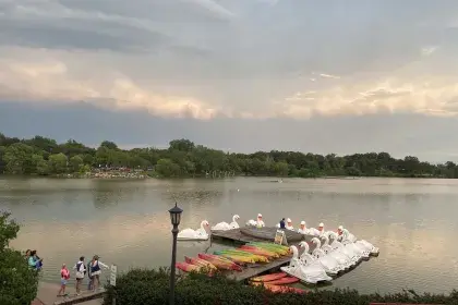 Pedal boats, kayaks, canoes, and stand-up paddle boards sit on and alongside a wooden dock on Como Lake. The large wooden dock juts out from a flat paved area along the lake.
