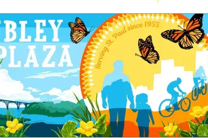 Colorful Sibley Plaza mural design with monarch butterflies, flowers, and silhouettes of a family and cyclists, "Serving St. Paul since 1955."