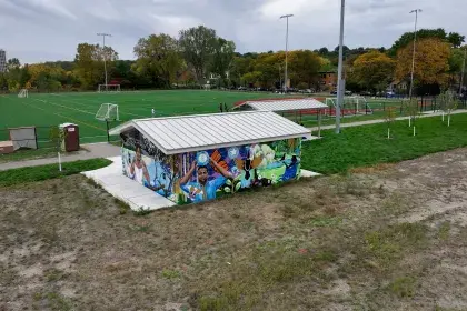 Brewers Bluff Park Restroom Building and Layers of Migration Mural