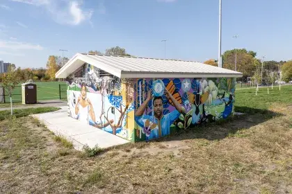 Brewers Bluff Park Restroom Building and Layers of Migration Mural