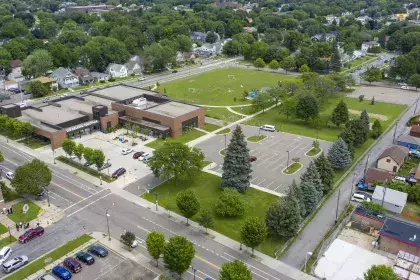 Bird's eye view of Arlington Hills Community Center building and outdoor amenities