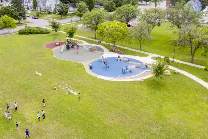 Bird's eye view of Arlington Hills Community Center fields and playground closer view