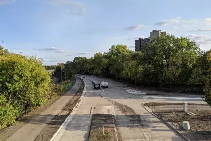 Construction of Ayd Mill Road and the new trail surface showing the southbound view taken from the St. Clair overpass on 10.2.20.