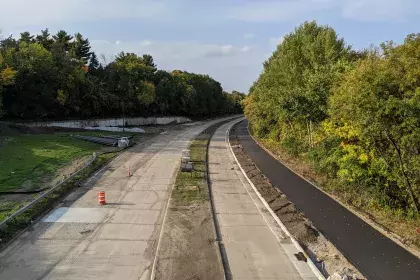 Construction of Ayd Mill Road and the new trail surface showing the northbound view taken from the St. Clair overpass on 9.25.20.