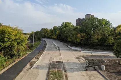 Construction of Ayd Mill Road and the new trail surface showing the southbound view taken from the St. Clair overpass on 9.25.20.