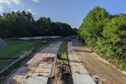 Photo of Ayd Mill Road construction facing north bound from the St Clair Avenue overpass on 8.28.20.