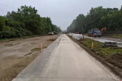 Photo showing the construction of Ayd Mill Road. Photo shows the variable depth concrete milling that was completed as of 9.11.20.