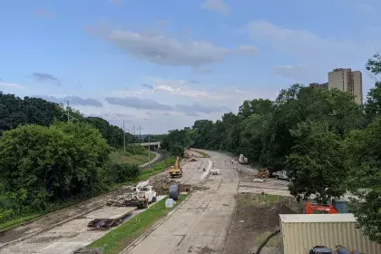 Ayd Mill Road under construction on 8.14.20. View from St. Clair overpass. Concrete road cut and rubbilized process underway.