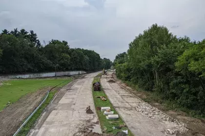 Ayd Mill Road under construction on 8.14.20. View from St. Clair overpass. Concrete road cut and rubbilized process underway.